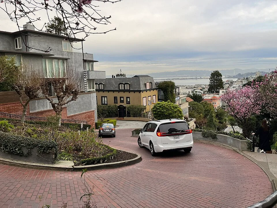 Cars traversing the crooked section of Lombard Street in the Russian Hill neighborhood of San Francisco.